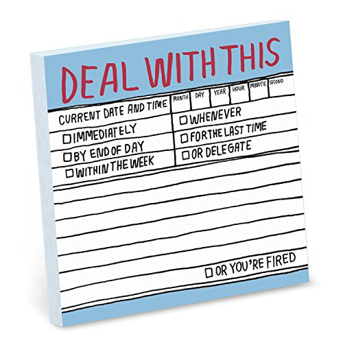 Blue sticky note pad with hand-lettered text: "DEAL WITH THIS" and checkboxes.