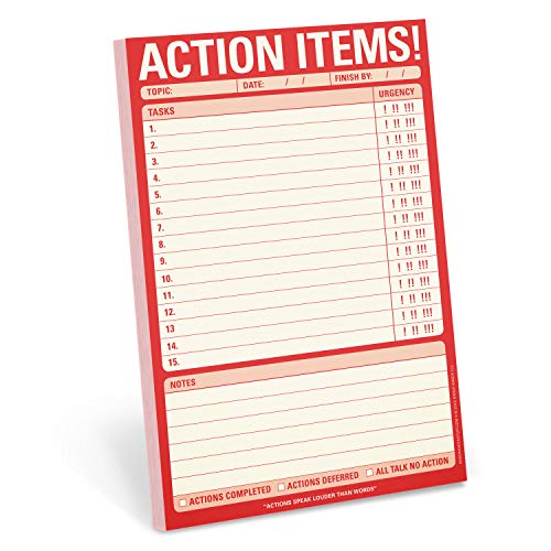 Red notepad with lined spaces for listing action items and notes.