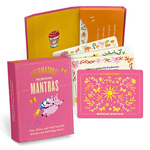 Pink box and deck of Morning Mantras affirmation cards featuring whimsical illustrations.
