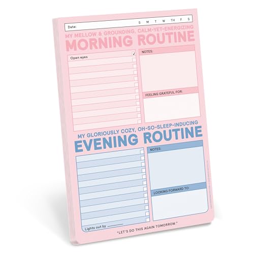 Pastel pink notepad with sections for morning and evening routines.