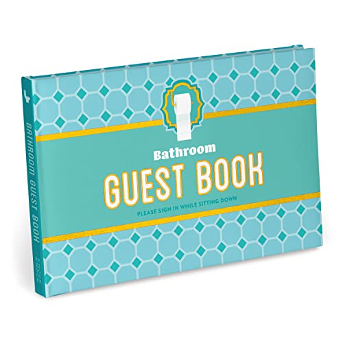 Turquoise bathroom guestbook with yellow text and a toilet icon.