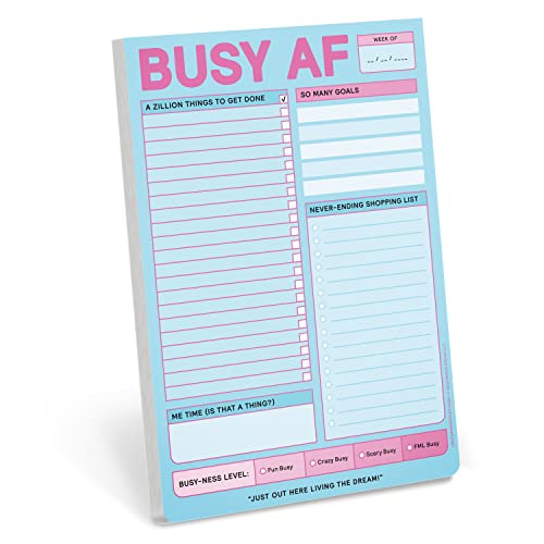 Blue notepad titled "BUSY AF" with checklists and a "busy-ness level" scale.