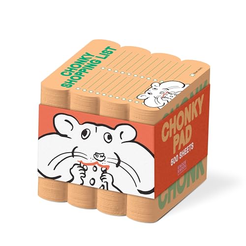 Orange and red stacked shopping list pad with cartoon mouse illustration.