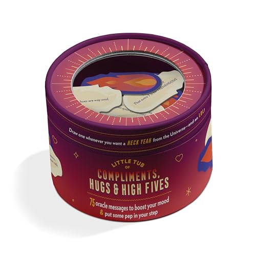 Purple cylindrical tub filled with small compliment cards, text reads "Compliments, Hugs & High Fives.