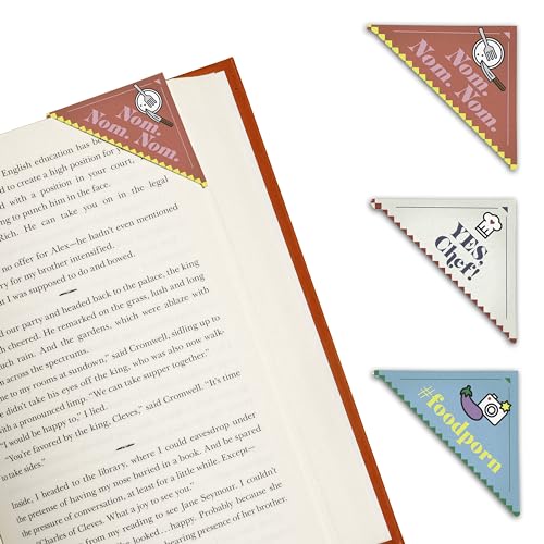 Four corner bookmarks with food-themed illustrations on an open book.