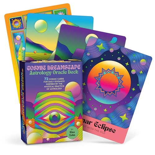 Colorful astrology oracle deck with vibrant, abstract card designs and box.