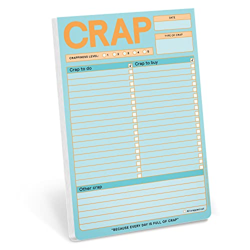Pastel blue notepad titled "CRAP" with checklist and notes sections.