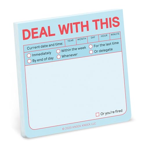 Pastel blue sticky note pad with "DEAL WITH THIS" and task checkboxes.