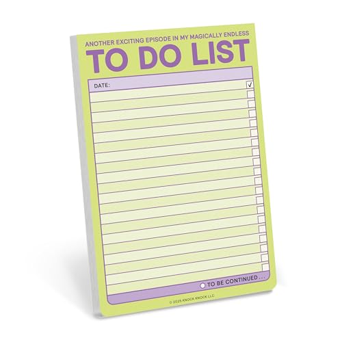 Green and purple to-do list pad with many lined pages.