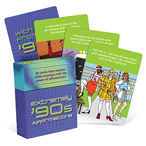 Card deck with 90s-themed illustrations and brightly colored, patterned cards.