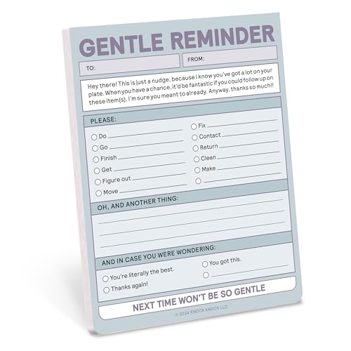 Pastel pink notepad with "Gentle Reminder" title and checklist boxes.