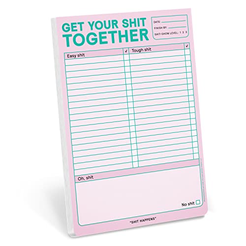 Pink notepad with teal text reading "Get Your Shit Together" and checklist.