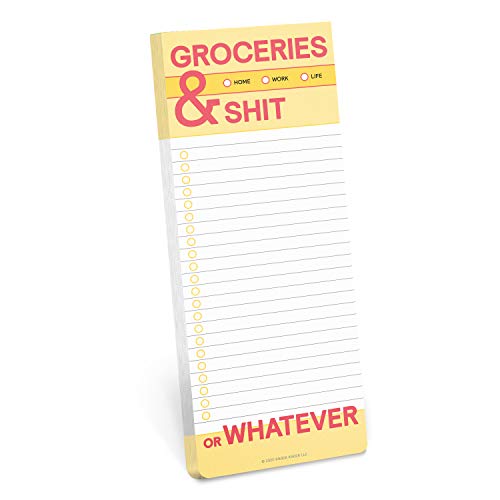 Yellow notepad with red text reading "Groceries & Shit" and "Or Whatever.