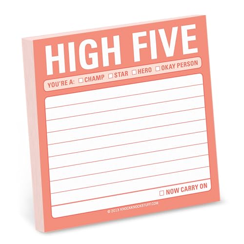Coral sticky note pad reading "HIGH FIVE" with checkable boxes.