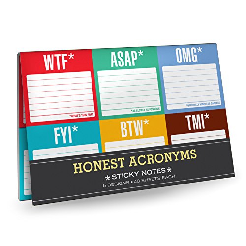 Packet of colorful sticky notes with common internet acronyms printed on them.