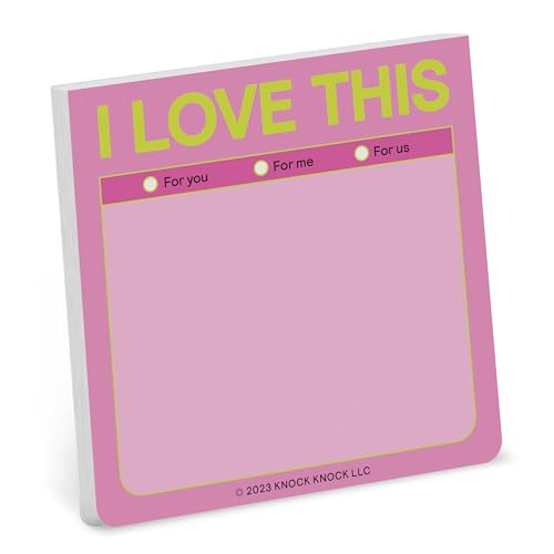 Pink sticky note pad with “I LOVE THIS” and checkable options.