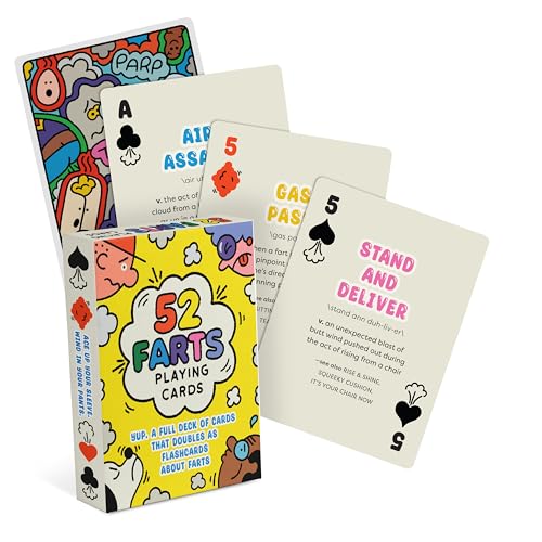 Yellow card deck titled "52 Farts" with illustrated cards fanned out.