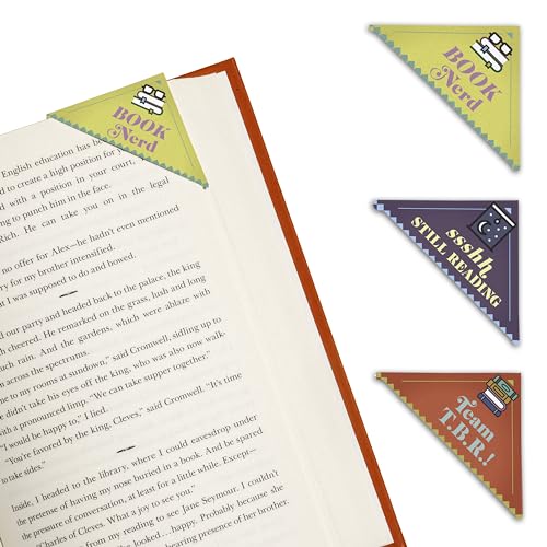 Three triangular corner bookmarks with text and icons, one placed on an open book.