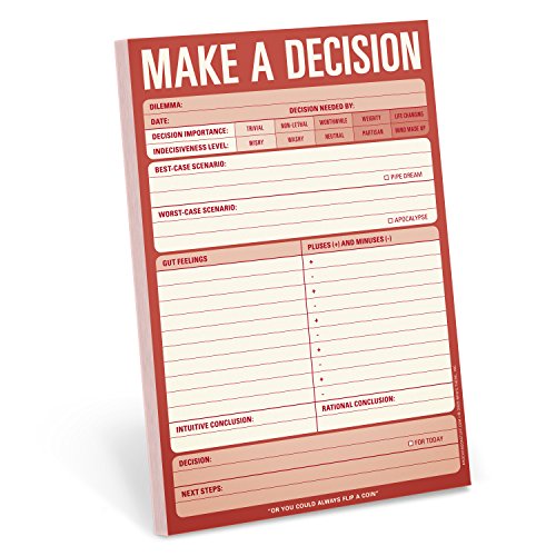 Red decision-making notepad with fill-in-the-blank sections and lines for notes.
