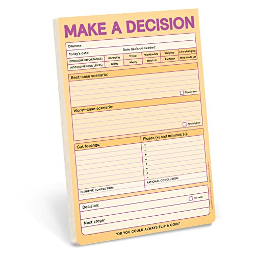 Pastel yellow decision pad with fill-in sections and checklist boxes.