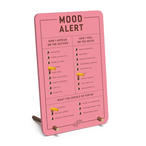 Pink pegboard with mood options and sliding pointers on a stand.
