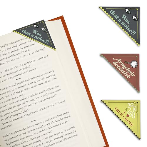 Four corner bookmarks with mystery and true crime themed designs.