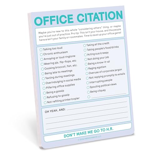 Pastel pink notepad with a checklist titled "OFFICE CITATION" and humorous options.