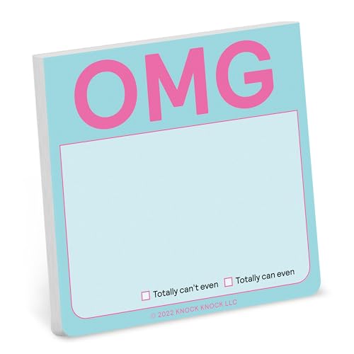 Pastel blue sticky note pad with pink "OMG" text and checkboxes.