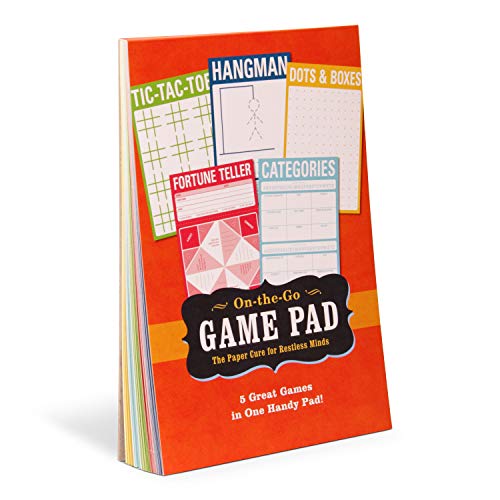 Knock Knock On-The-Go Game Pad featuring five classic paper games on an orange cover.
