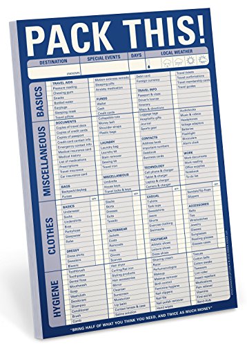 Blue "Pack This!" notepad with checklist for travel packing.