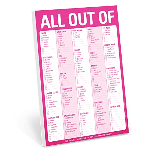 Pink magnetic grocery list pad with checkboxes for various food items.