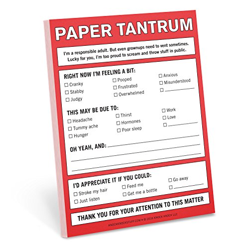 Red notepad with checkboxes for moods and venting frustrations.