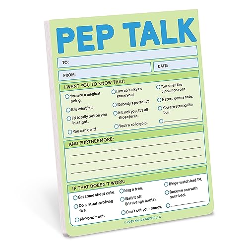 Pastel green and blue "Pep Talk" notepad with fill-in-the-blank lines.