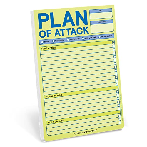 Yellow "Plan of Attack" notepad with lined pages and checkboxes.
