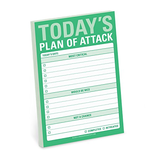 Green daily to-do list sticky pad titled Today's Plan of Attack with checkbox lines.