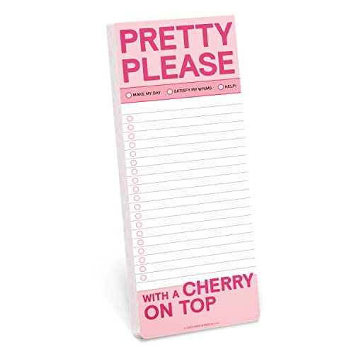 Pink notepad with "Pretty Please" text and lined checklist, reads "With a Cherry on Top".