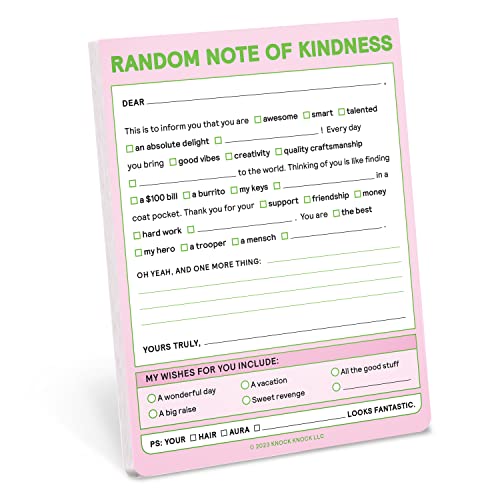 Pink notepad with fill-in-the-blank kindness note template and checkboxes.
