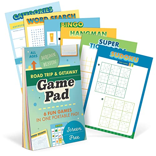 Stack of colorful activity game pad with word search and sudoku.