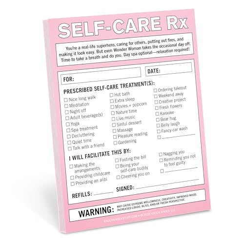 Pink prescription-style notepad listing self-care treatments with checkboxes.