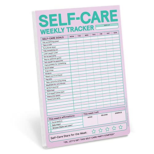 Pastel pink weekly self-care tracker pad with checklist and affirmations space.