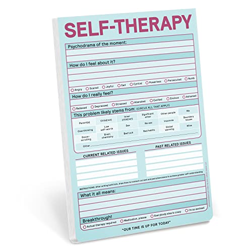 Pastel blue "Self-Therapy" notepad with fill-in-the-blank prompts and checkboxes.