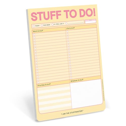 Yellow to-do list notepad with checkboxes and labeled sections.