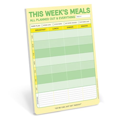 Yellow weekly meal planning notepad with days of the week listed.