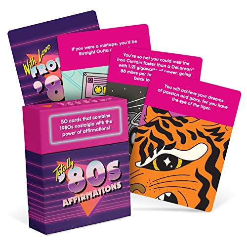 Bright pink and purple card deck with 80s imagery and affirmations.