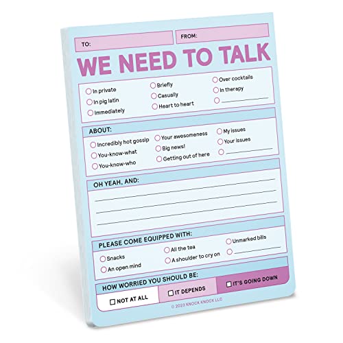 Pale pink notepad with fill-in-the-blank sections for a conversation.