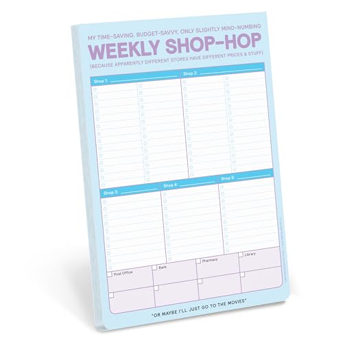 Pastel blue shopping list pad with spaces for multiple stores.