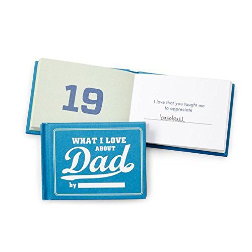 Small blue "What I Love About Dad" fill-in-the-blank journal open to a page.