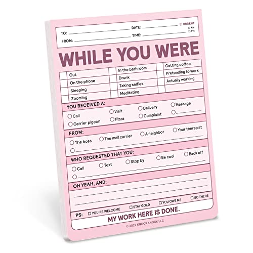 Pink notepad with fill-in-the-blank sections for humorous office messages.