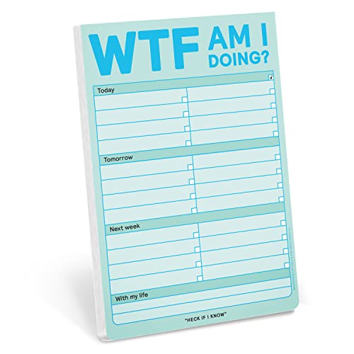 Pastel blue to-do list pad with "WTF AM I DOING?" text.