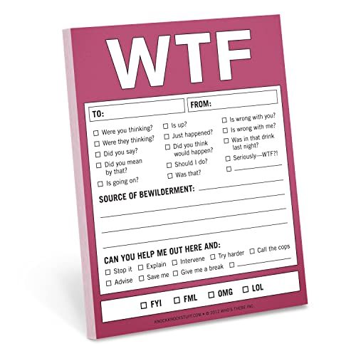 Pink notepad with "WTF" title and fill-in-the-blank bewilderment questions.